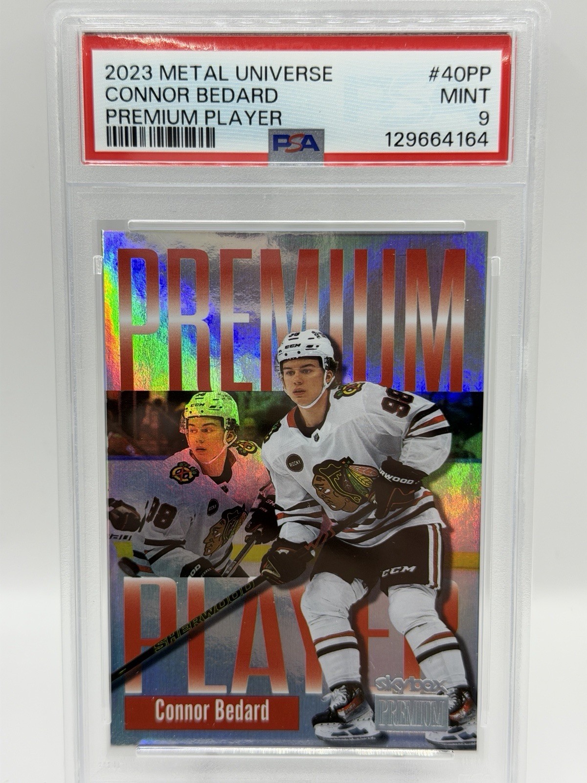 2023 SKYBOX METAL UNIVERSE #40 PP CONNOR BEDARD PREMIUM PLAYER PSA 9