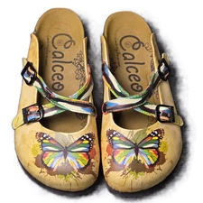Calceo Colorful Butterflied Patterned Clogs Brown Leather Women's Size 7.5 US