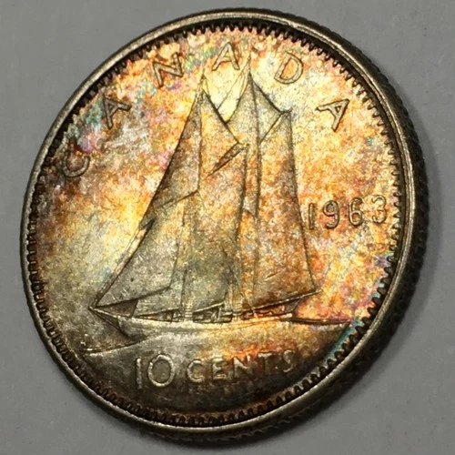 1963 Canada 10 Cents - Rainbow Toned - About Uncirculated (AU) KM#51 - 7739