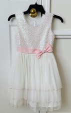Jona Michelle Girls' Formal Dress Size 8 White Lace Pink Sequin  Ribbon Gown