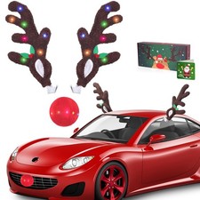 Reindeer Antlers for Car Decoration, Christmas Car Reindeer Ears  Red Nose w...