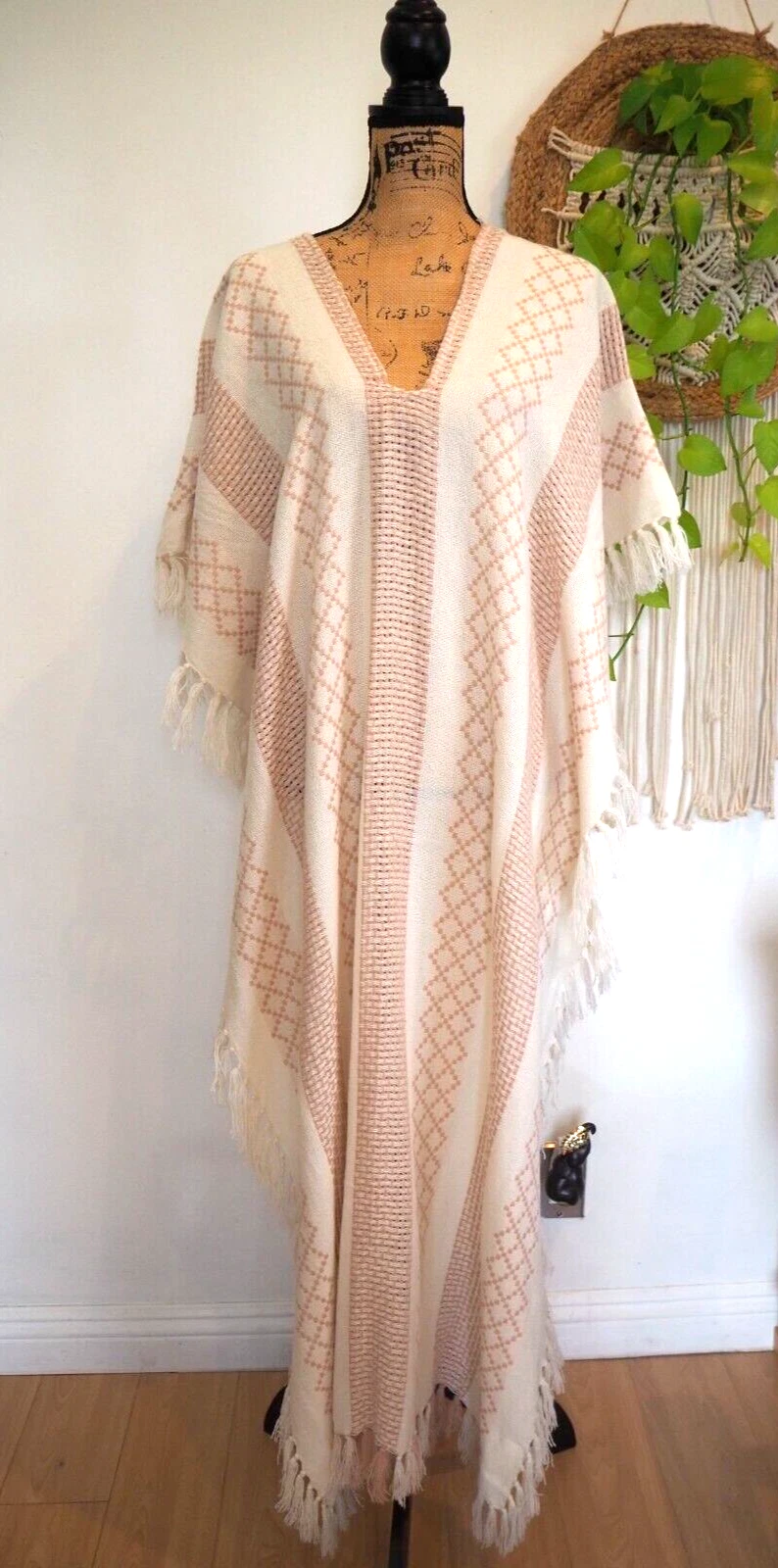 Free People Pink | Beige Knit Full Length Oversized Poncho BOHO Fringe Hem NEW