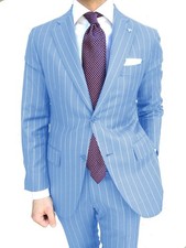 Abito uomo Sartoriale Celeste 100% cotone Gessato completo giacca e pantalone - 