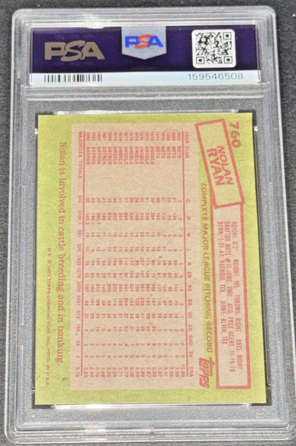 1985 TOPPS NOLN RYAN AUTHENTIC AUTOGRAPH PSA/DNA CERT. PSA AUTO 10 view 2