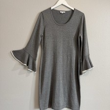 Calvin Klein Gray Knit Bell Sleeve Sweater Dress Women’s Size L Ruffle Accent