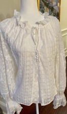 Alice + Olivia Norah Eyelet Tie Front Peasant Blouse In White Sz XL NWT $440