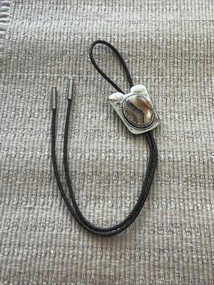 Vintage Brazilian Brown Agate Bolo Tie Round Stone Inlay Embossed Stainless 36 