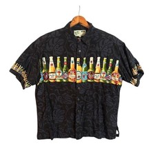 Koko Island Mens XL Hawaiian Shirt Beer Bottle Print Short Sleeve Black Aloha