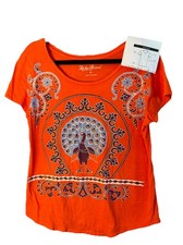 Lucky Brand Womens Peacock Print Top Size M Orange Short Sleeve Hippie Boho NWOT