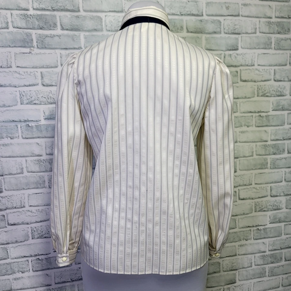 Blusa de Colección Años 80 Fácil de Doblar para Mujer M/L Marfil Azul Marino Rayas Coño Foto 4 de 4