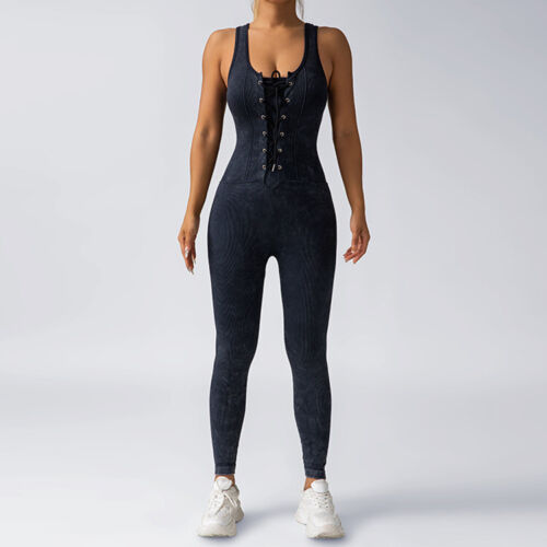 Women Workout Jumpsuit Lace up Front Romper Bottom Pants Bodysuit Sexy One Piece - Picture 27 of 29