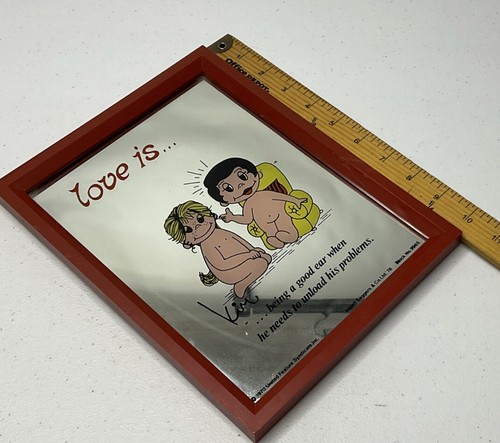 Vintage Kim Casali LOVE IS Being A Good Ear framed Mirror 70s Aspell Saggers - Picture 7 of 7