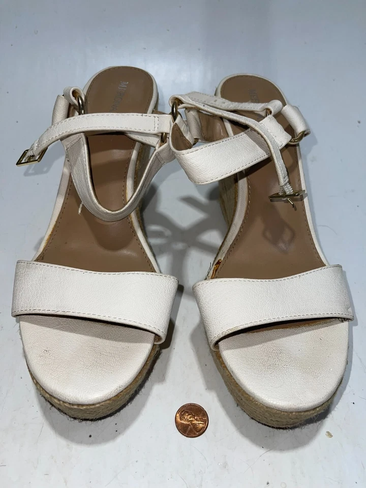 Sandalias Merona Plataforma Tacones Cuña Talla 11 Blanco Punta Abierta Eslinga Trasera Lona Foto 2 de 4