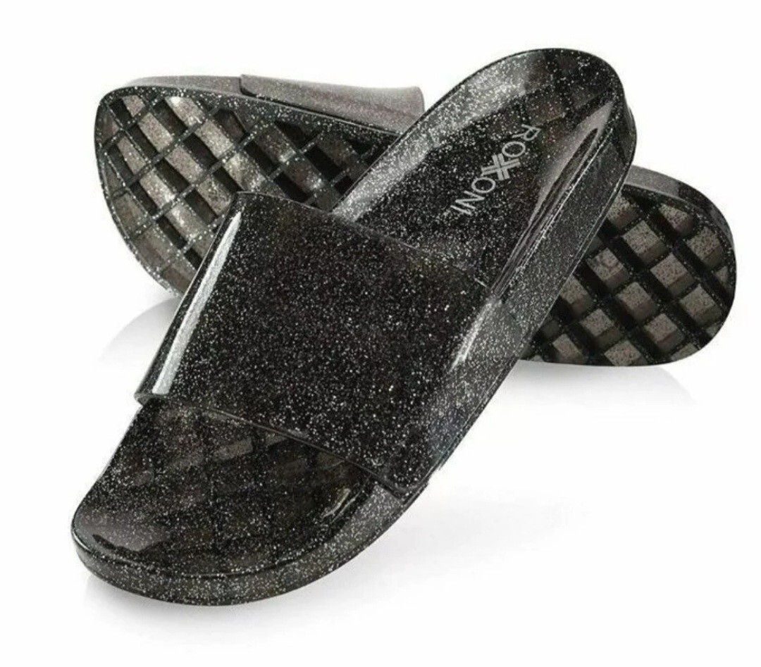 Roxoni BLACK Silver Shimmer Sparkle Glitter Jelly Slides Sandals Rave Festival 8