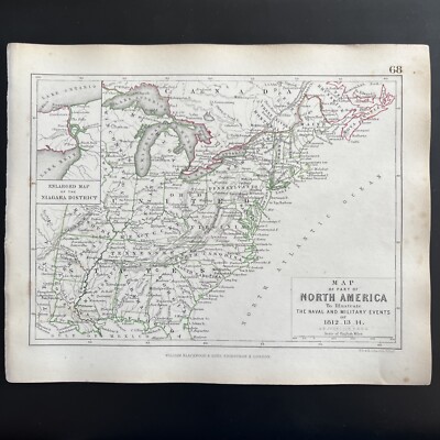 Karte von Nordamerika Marine Militär Ereignisse 1812 Original 172 Jahre alt - 1850