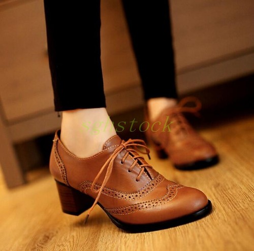 Vintage Style Brogues Lace Up Shoes Stylish Womens Oxford Chunky Heels Shoes  | eBay