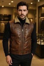 Men's Brown Sheepskin Leather & Real Shearling Fur Gilet Vest Jacket -Kris