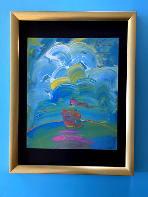 Peter Max | Ship Vintage Print Signed | Framed Large 16x12in. Gold Pop Art