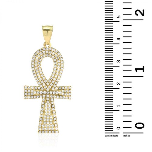 10k Yellow Gold CZ Egyptian Ankh Religious Pendant 1.7" - Picture 4 of 5