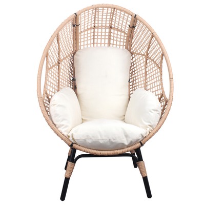 Ergonomic Design Patio PE Wicker Egg Chair with Natural Rattan Beige Cushion