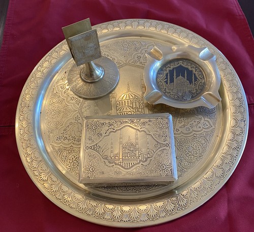 Vintage Hand-Etched Brass Hagia Sophia Smoker/Desk Set – 4 Pieces