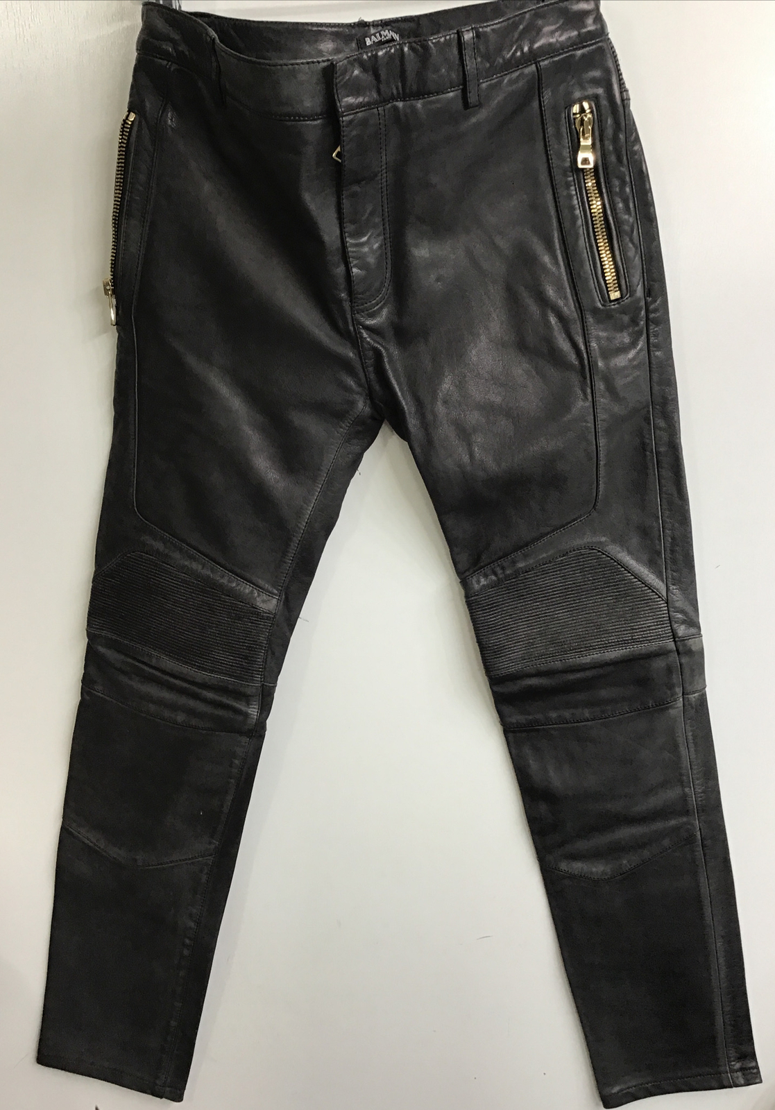 Balmain Heavy Leather Pants Moto Tapered Gold Zippers Pocket StitcH Size48/30 US