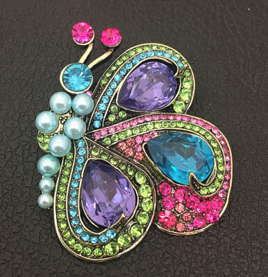 Women's Mixed Color Crystal Insect Pearls Big Butterfly Pendant Brooch Pin
