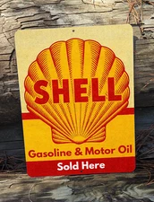 Vintage SHELL Gasoline & Motor Oil Sold Here Man Cave Garage 9" x 12" Metal Sign