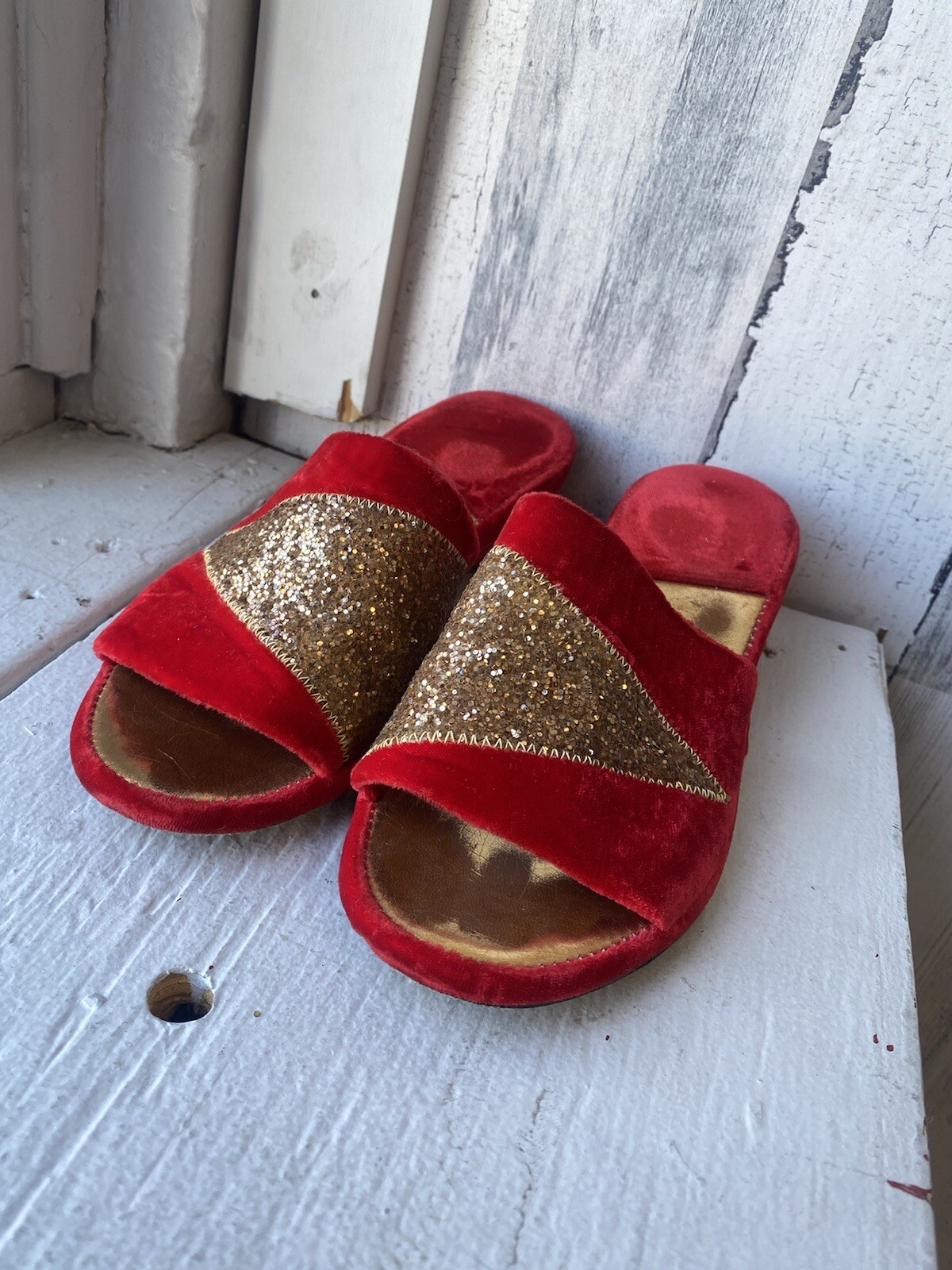 PANTOFOLA D’ORO Pantofole da donna rosse e oro anni '50 60 di ""Nite Aires"" taglia 6