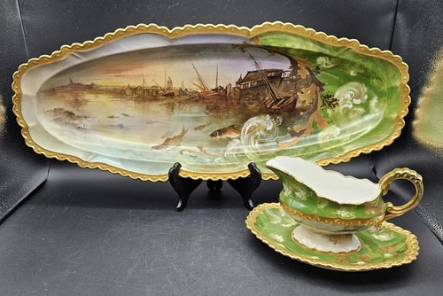 Antique JPL Limoges France Hand painted Fish Platter & Gravy Boat 3 Plates