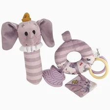 DISNEY Once Upon A Time DUMBO Baby Rattles X 2 Purple 16 cms Soft Plush Pram Toy