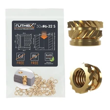 Ruthex #6-32 Short Threaded Inserts - 50 Pieces Rx-6-32X3.8 Brass Heat Set Inser