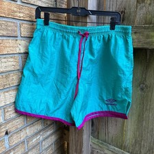VINTAGE 90s Umbro Soccer Shorts Blue Teal Purple Nylon Crinkle USA Made Sz Med