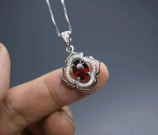 Alternate view of Oval Cut Simulated Red Garnet Women's Amulet Pendant 14k White Gold Plated