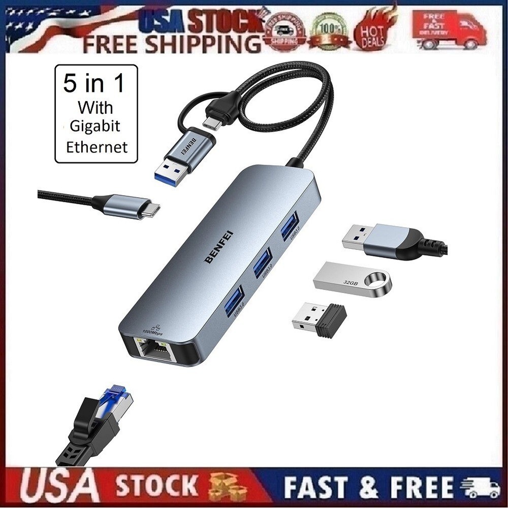 Benfei 5-in-1 USB C Hub with 3 USB 3.0 Ports and Gigabit Ethernet