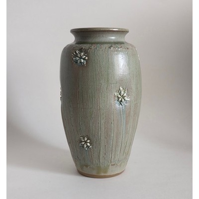 Handmade Studio Pottery Floral Textured Vase Green Glaze Stoneware