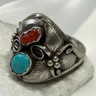 Vintage NAVAJO STERLING SILVER “TURQUOISE CORAL” MENS RING-Signed-New Old Stock
