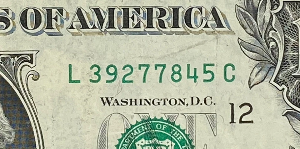 Vintage DC Series 1977 FRN Fancy Serial Number One Dollar Bill Miss CUT RARE 7s - Image 3 of 4