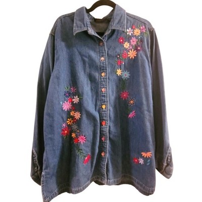 Vintage Womens Silver Threads Floral Embroidered Denim Long Sleeve Shirt Size L