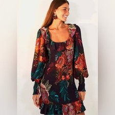 Farm Rio Flower Scarves Smocked Long Sleeve Boho Mini Dress Women's Small NWT