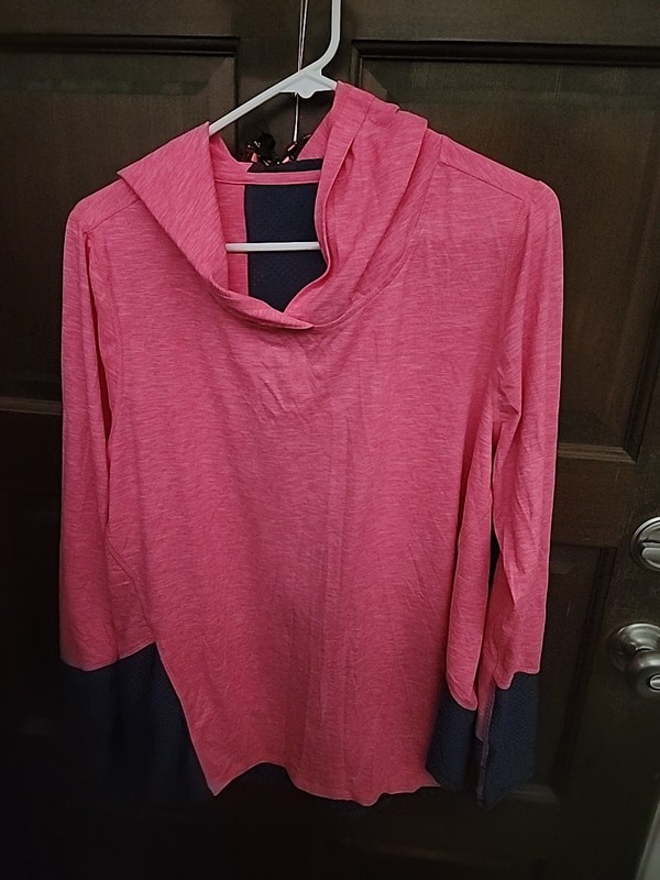 LANE BRYANT LIVI ACTIVE WICKING  LS HOODED PINK/GRAY TUNIC SHIRT! Excellent!