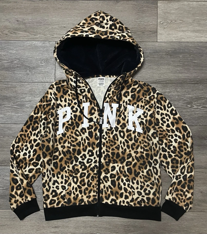 Victoria's Secret Rosa Estampado de Leopardo Imitación Piel Capucha Cremallera Completa Sudadera con Capucha PEQUEÑA Foto 2 de 4