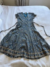 East Anokhi Blue Gold Floral Batik Lightweight Midi Dress Size 10 100% Cotton