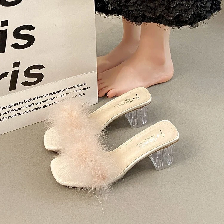 Women High Heels Slippers Fluffy Fur Peep Toe Stiletto Party Shoes Sandals Mules - Image 4 of 4