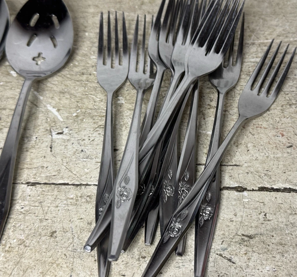 67pc Lot Vintage MCM Japan Stainless Flatware Set Rose Pattern Serving - Image 2 of 4