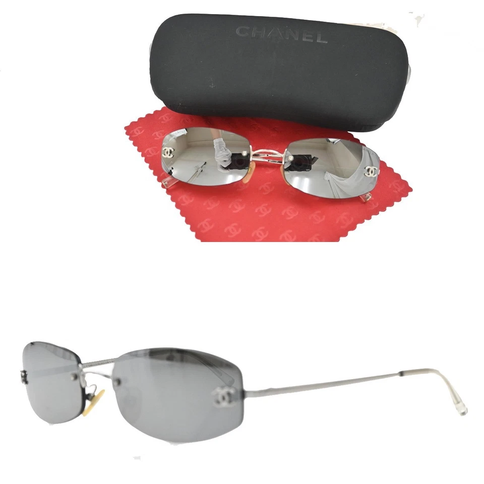 CHANEL CC Logo Sunglasses Eye Wear Metal 4002 Silver Black Italy 60RF609