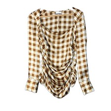 Ganni Blouse Womens 40 /  US 8 Brown Check Silk Square Neck Ruched Top Stretch