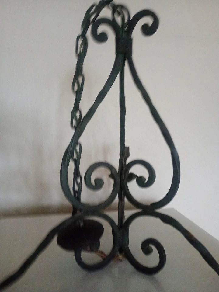 LUSTRE FER Forgé - enroulements & torsades - 3 bras - Chaîne - milieu XXe - Photo 4/4