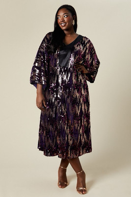 Wallis Womens Midi Dress Plum Sequin Kimono Sleeve V Neck Party Cocktail Uk  20 UK - Main Image