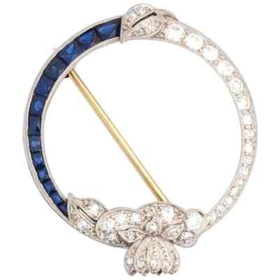 Blue Sapphire & Round White Cubic Zirconia 0.80CT Round Brooch Pin In 935 Silver